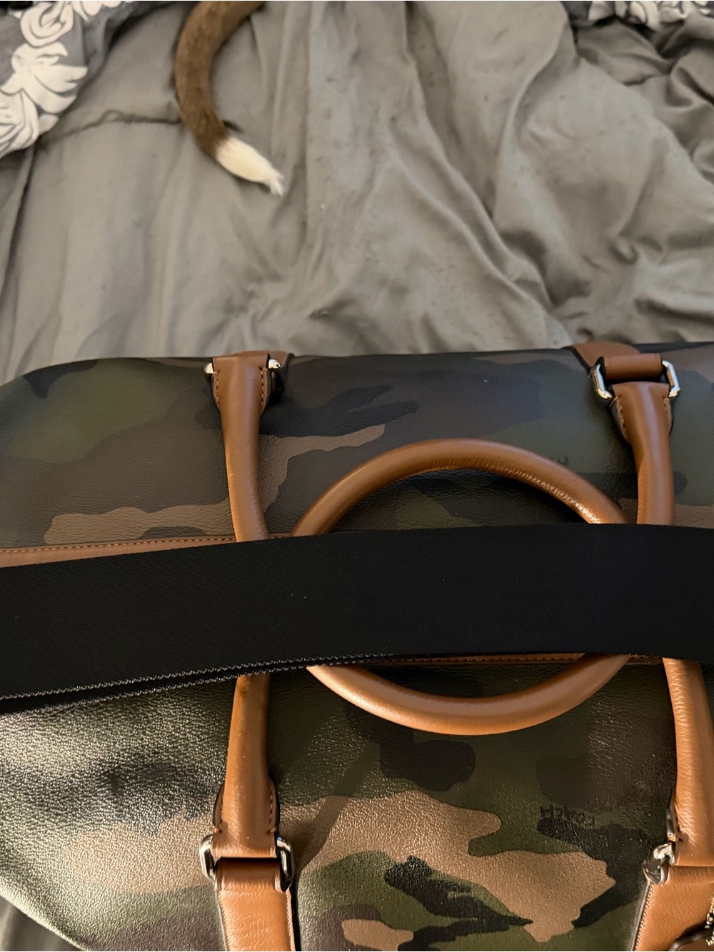 Coach Camouflage Duffel with Brown Leather Trim and Black Strap - Picture 3 of 9